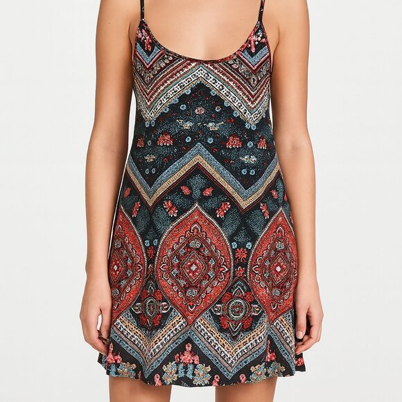 Free People Boho Print Mini Dress Size Medium Swing Trapeze Paisley Casual - Picture 1 of 8